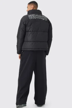 Worldwide Applique Funnel Neck Puffer In Black | BoohooMAN UK