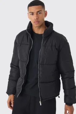 Worldwide Applique Funnel Neck Puffer In Black | BoohooMAN UK