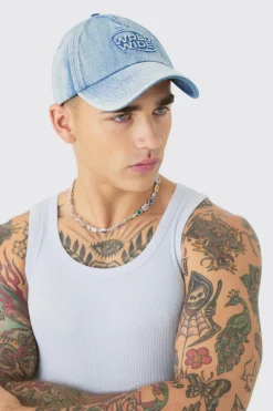 Worldwide Embossed Washed Cap In Blue | BoohooMAN UK