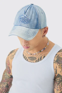 Worldwide Embossed Washed Cap In Blue | BoohooMAN UK
