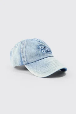 Worldwide Embossed Washed Cap In Blue | BoohooMAN UK