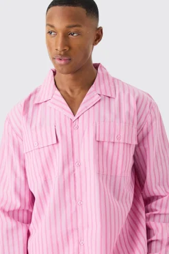 Woven Stripe Lounge Shirt | BoohooMAN UK