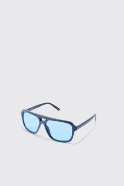 Wrap Aviator Sunglasses In Blue | BoohooMAN UK