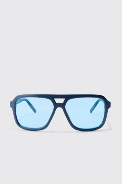 Wrap Aviator Sunglasses In Blue | BoohooMAN UK