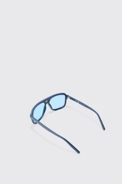 Wrap Aviator Sunglasses In Blue | BoohooMAN UK
