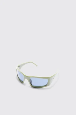 Wrap Sunglasses In Olive | BoohooMAN UK