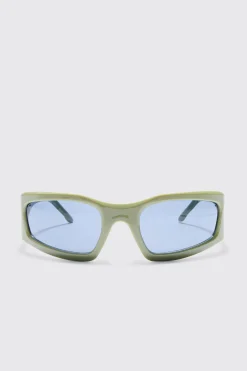 Wrap Sunglasses In Olive | BoohooMAN UK