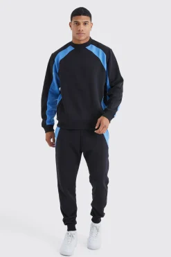 Zip Detail Colour Block Sweatshirt Tracksuit | BoohooMAN UK