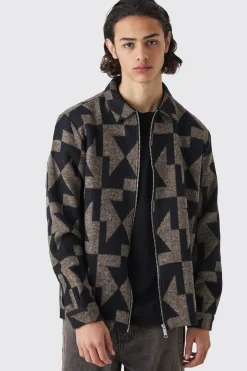 Zip Through Brushed Geometric Overshirt | BoohooMAN UK
