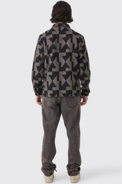 Zip Through Brushed Geometric Overshirt | BoohooMAN UK