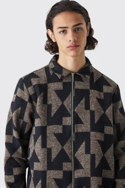 Zip Through Brushed Geometric Overshirt | BoohooMAN UK