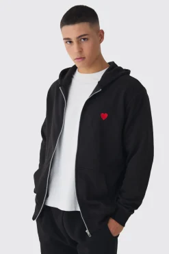 Zip Through Heart Embroidered Hoodie | BoohooMAN UK