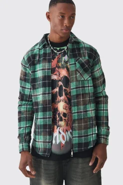 Zip Through Washed Checked Shirt | BoohooMAN UK