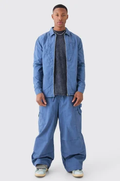 Zip Through Washed Long Sleeve Twill Shirt | BoohooMAN UK