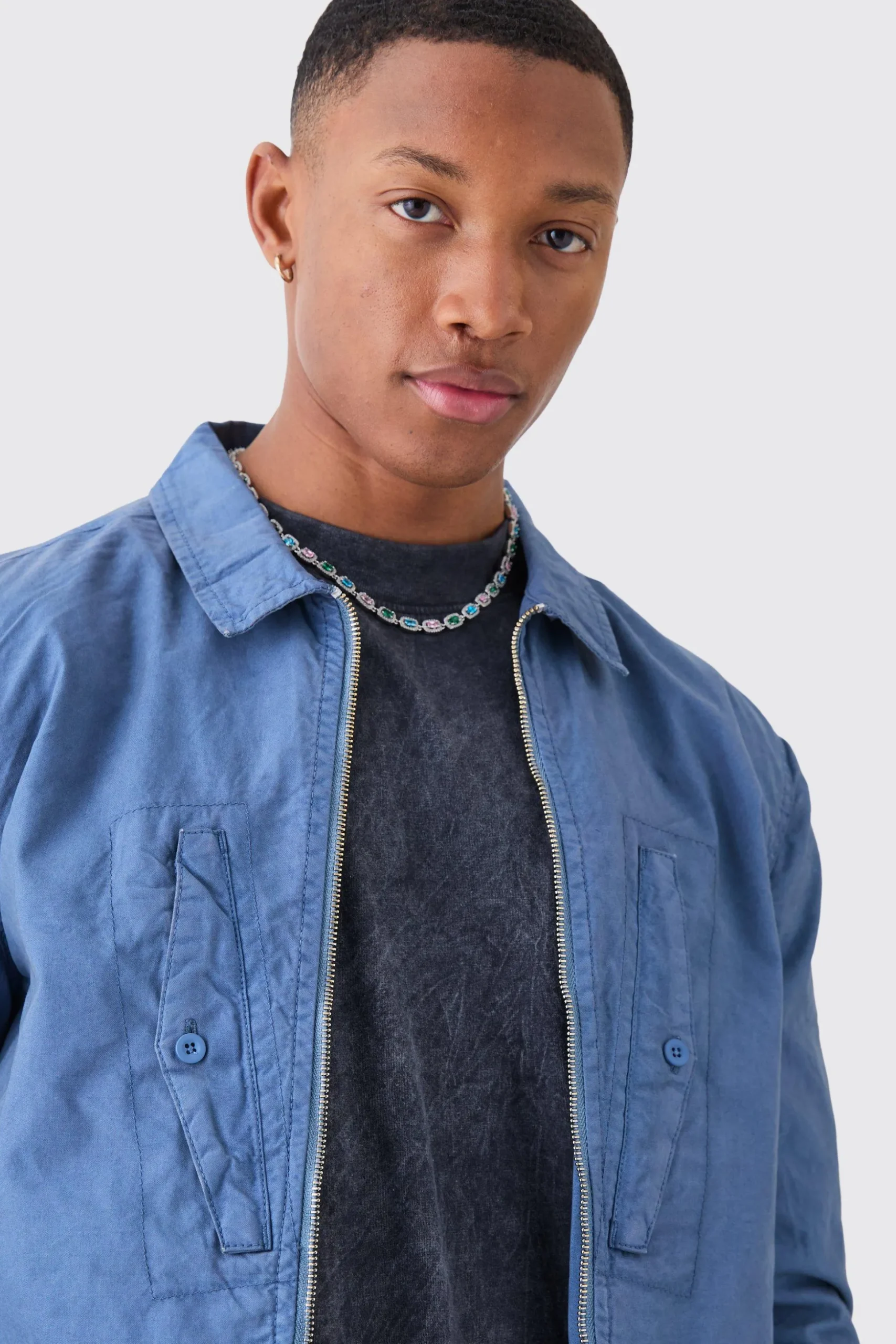 Zip Through Washed Long Sleeve Twill Shirt | BoohooMAN UK