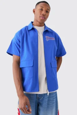 Zip Up Twill Varsity Shirt | BoohooMAN UK